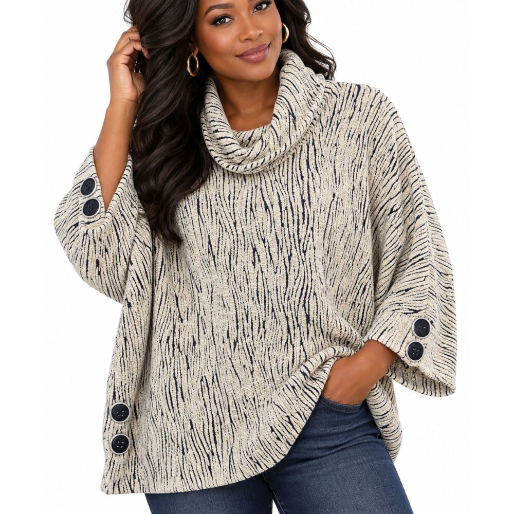 Ali Miles Women Ivory Black Striped Knit Cowl Neck 3/4 Sleeve Pullover PXL